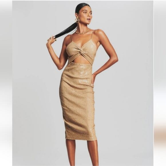 Retrofete Sariah Sequin Dress in Nude Size Medium NWT Sleeveless Cutout Midi - Picture 1 of 14